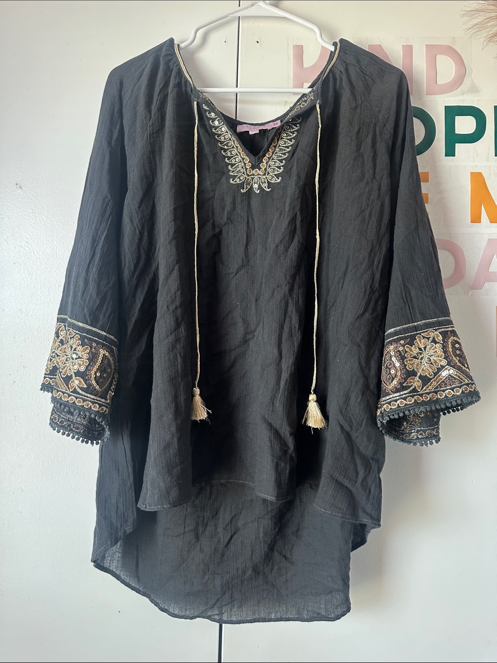 Calypso St. Barth Black Peasant Top with Gold Embroidery